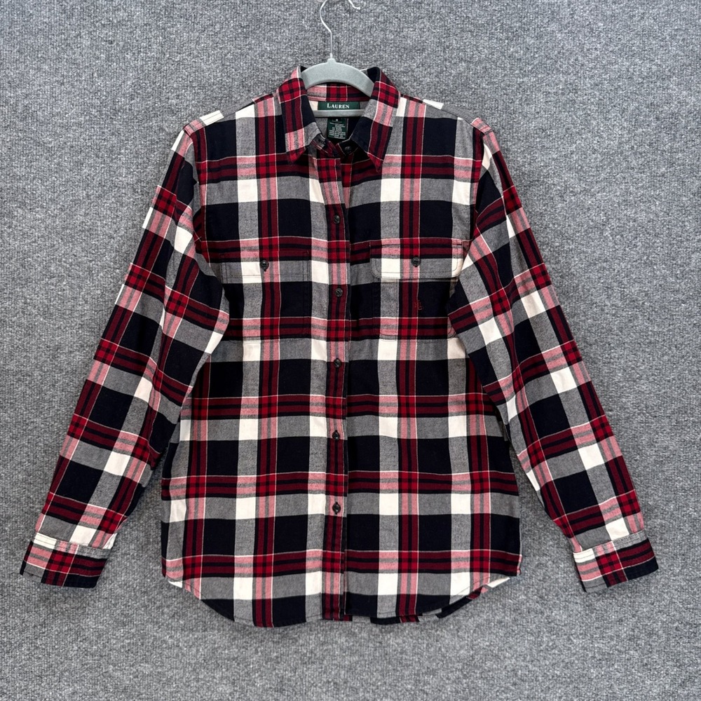 Lauren Ralph Lauren Flannel Shirt Women Small Red Plaid Button Up Cotton Pocket